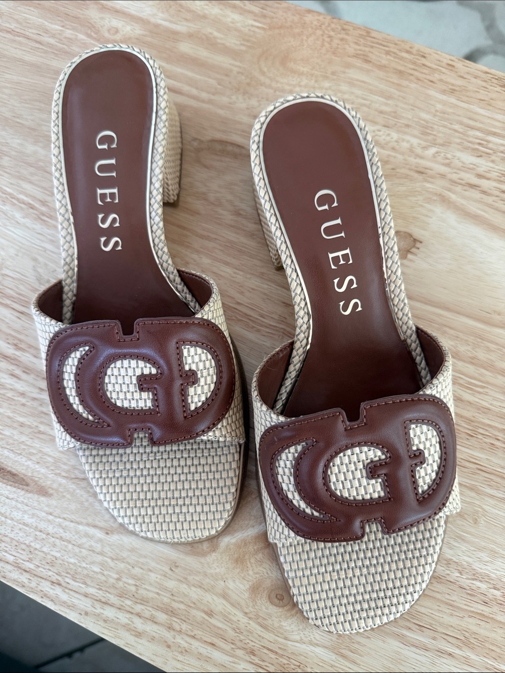 GUESS Tan & Brown Woven Slide Mules with Logo Plaque